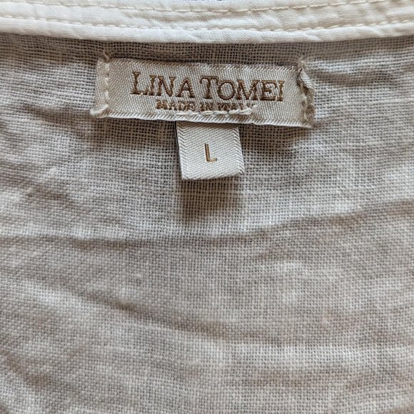Lina Tomei 100% Linen Short Sleeve Colorblock Dress White & Grey Size L - Picture 3 of 11